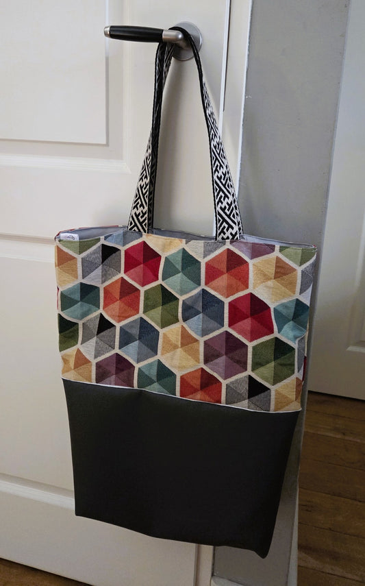 Shopper/Strandtas (gevoerd) met gekleurde zeshoekpatroon en grijs nepleer