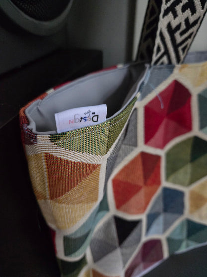 Shopper/Strandtas (gevoerd) met gekleurde zeshoekpatroon en grijs nepleer
